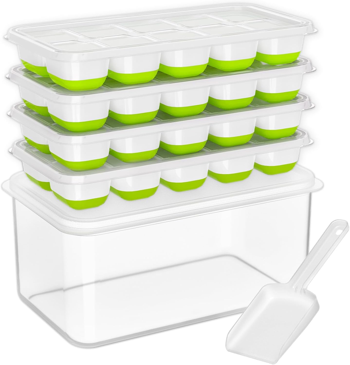 DOQAUS Ice Cube Tray with Lid and Bin - 4 Pack Silicone Ice Cube Trays for Freezer, Stackable Ice Bucket Kits with Storage Container & Scoop for Kitchen, RV, Cocktail, Coffee Quick Pick Grocers